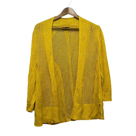 Open Knit Cardigan Yellow‎ Linen Blend Lightweight Slit Hem Layering L/G - Picture 1 of 5